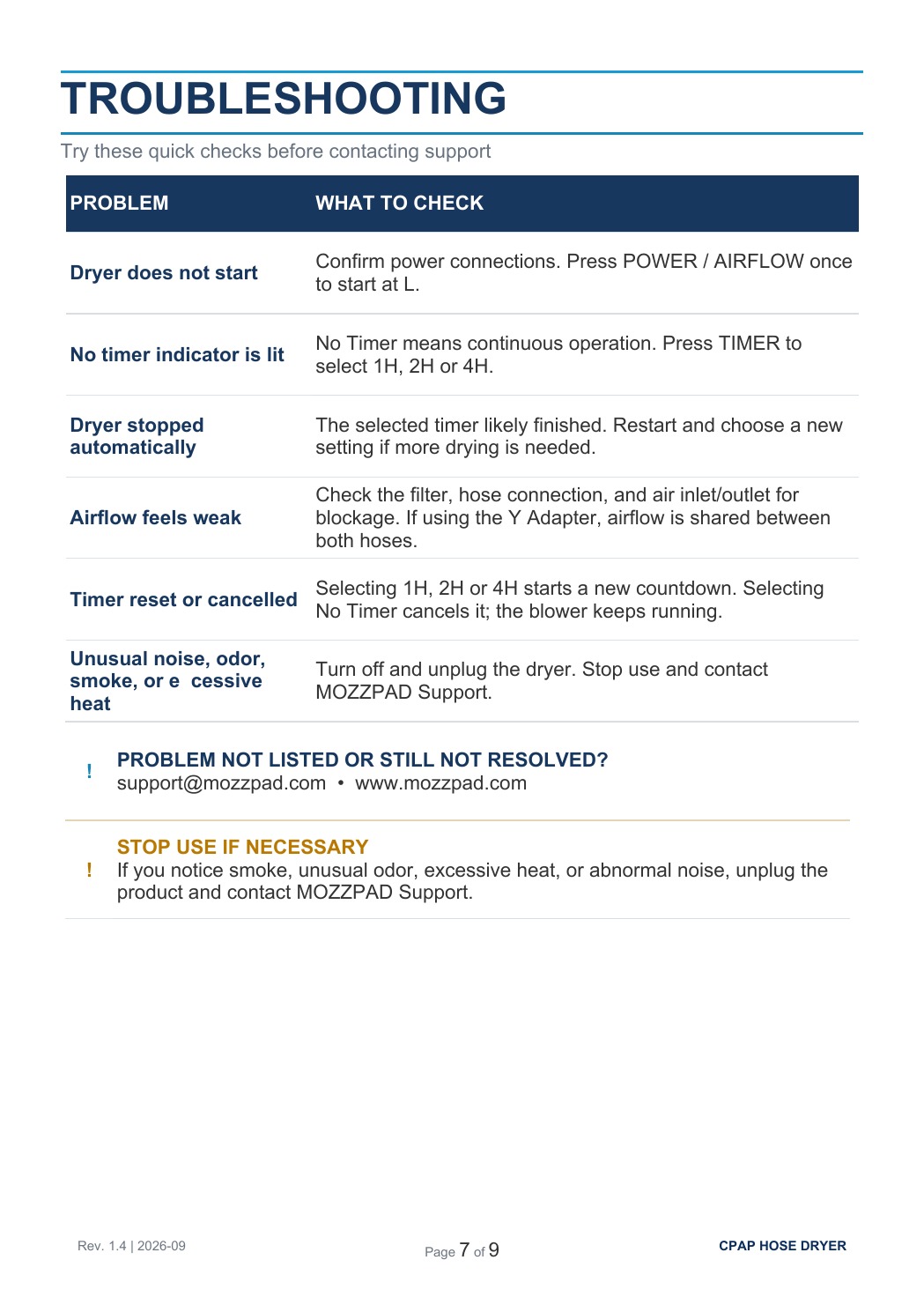 MOZZPAD Timer Dryer User Guide, page 7 of 9